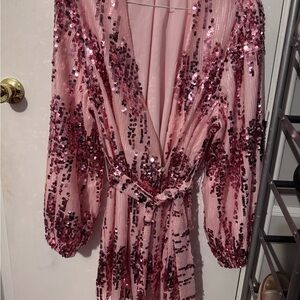 BuddyLove Adeline Sequin Short Wrap Dress in pink iridescent sequins